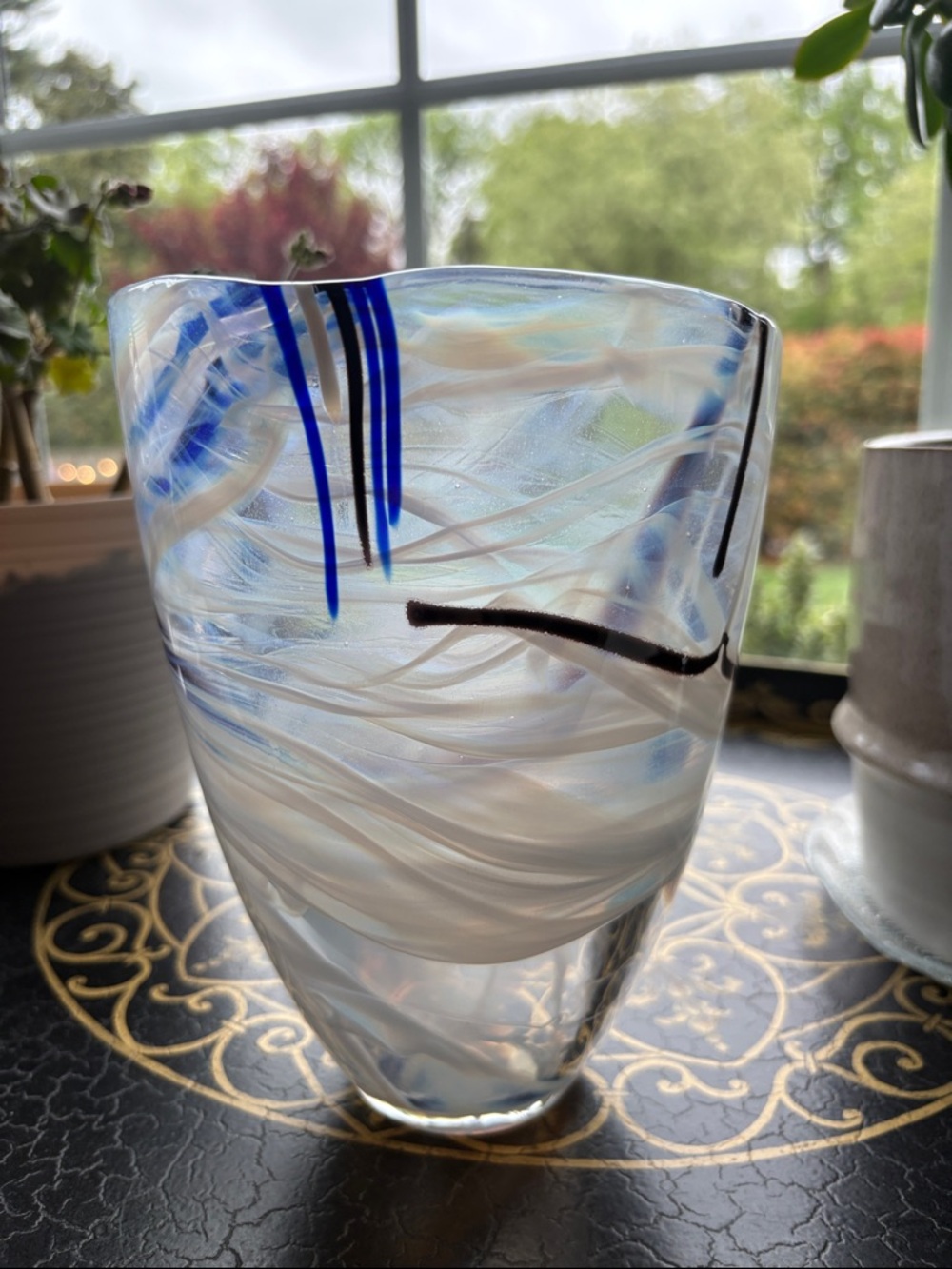 Kosta Boda White Swirl Glass Vase with Blue and Black Accents
